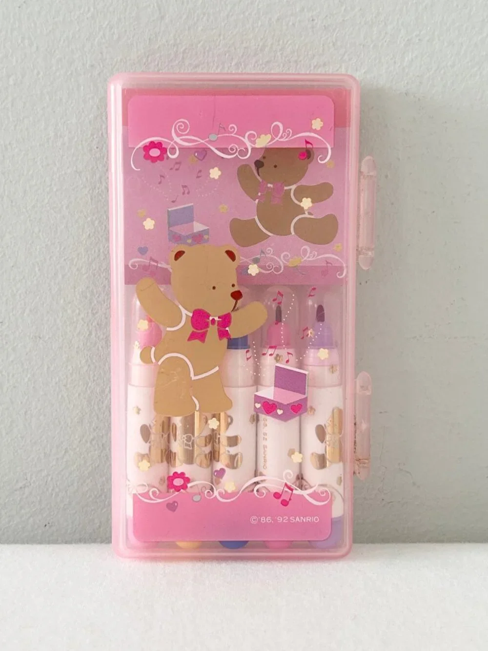 Vintage SANRIO Tweedle Dee Dee Bear Pen Marker Notepad Set Pink Case Hello Kitty
